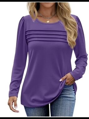 Purple Pleated Yoke Long-Sleeve Women's Top